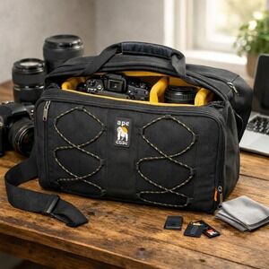 Ape Case Black Ballistic Nylon Camera Messenger Bag Yellow Padded Interior ACPRO